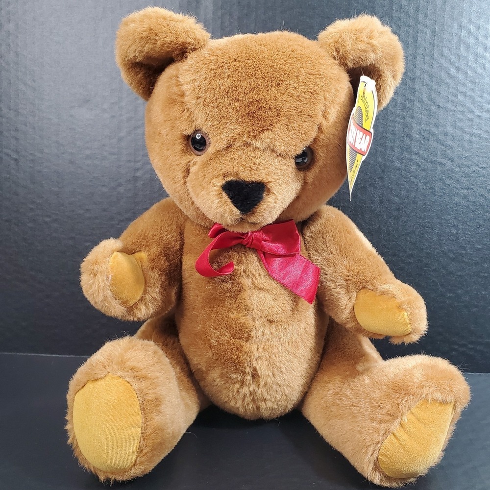 Animal Toy Brand Fully Jointed Brown Teddy Bear 16" Stuffed Animal Red Bow 1983